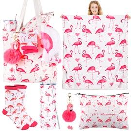 6 Pcs Flamingo Gifts for Women Flamingo Lover Gifts for Girls Her Animal Lover Gift for New Year, Valentines Day, Birthday, Pink Flamingo Blanket with Stainless Steel Tumbler Bags Cute Socks Keychain