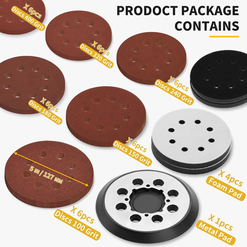 Gnellkoor 5 Inch 8 Holes Hook Loop Orbital Sander Metal