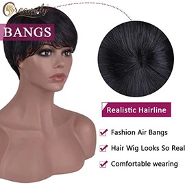 Creamily- Pelucas cortas de corte Pixie negro para mujeres negras, peluca de cabello humano con flequillo, peluca de cabello ondulado en capas para mu