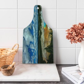 Lunarable Yellowstone Cutting Board, Grand Prismatic Pool at Parkland with Fluffy Clouds and Blue Sky Nature Scenery, Decorative Tempered Glass Cutting and Serving Board, Wine Bottle Shape, Multicolor