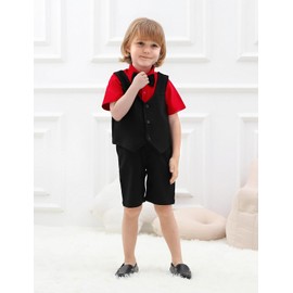 A&J DESIGN Toddler Suit for Boys Valentines Easter Wedding Gentleman Formal Ring Bearer Outfit Shorts Set Tuxedo Black and Red 5-6 Years