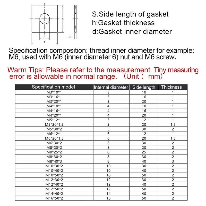 DrenecoM6×30×2 Square Washers, Stainless Steel Heavy Duty Square Plate Washers