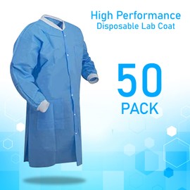 EOM Disposable Lab Coats - Lab Coats for Men and Women - Knee Length Lab with Knit Cuffs and Collar - Medical Lab Jacket for Adults - Pack of 50, (Medium Size)