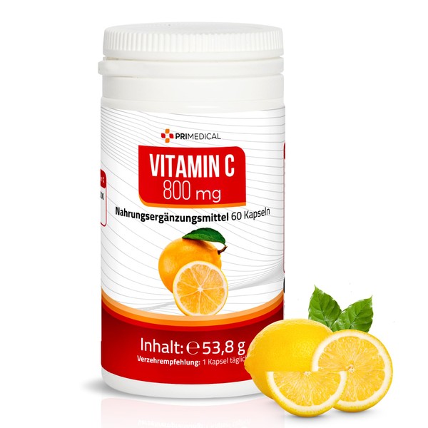 Vitamin C Capsules Vegan High Dose 800 mg, 2-Month Pack, Gluten-Free, Lactose-Free, primedical 1 x 60 Capsules