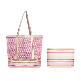 Large Beach Tote with Zipper - Lightweight Mesh Bag for Women, Beach/Picnic/Travel, Detachable Pouch, 18.7”x14.6” (Pink)