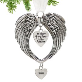 MOTONG Christmas Memorial Ornament Baubles, Angel Wings Pendants Shape ”a piece of my heart is in heaven” Two Sweet Heart Shaped Ornaments For Christmas Tree Hanging Decoration(Son)