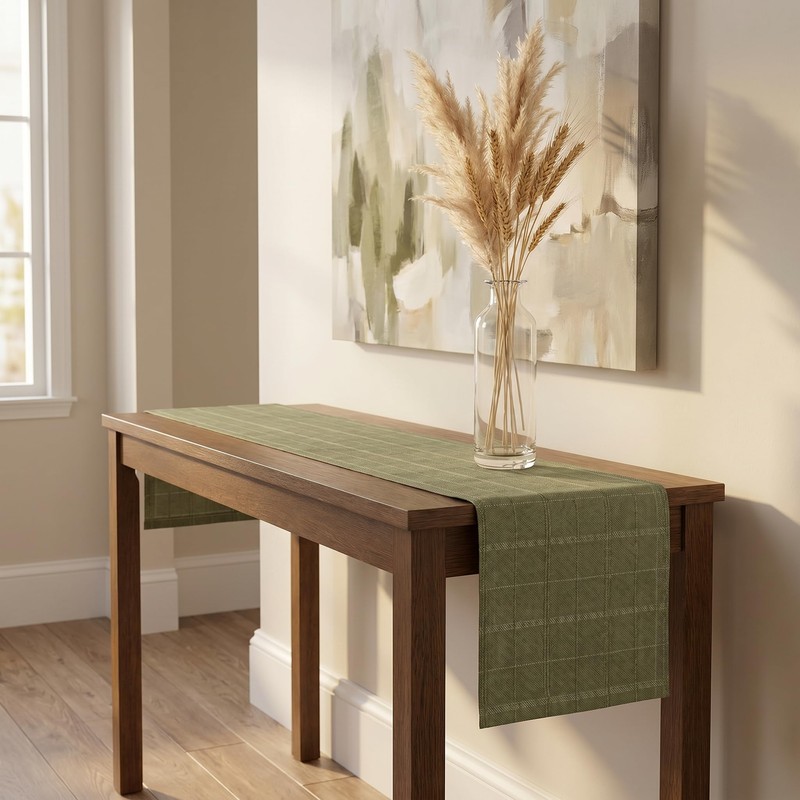 yuboo Olive Green Table Runner 72 Inches Long, Summer Checked