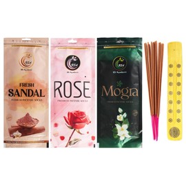 Hashcart Premium Incense Sticks Set, 3 Fragrances, 110g Each, Sandalwood, Rose, Mogra with 1 Assorted Incense Stick Holder, Natural & Hand-Rolled with 45-60 Min Burn time