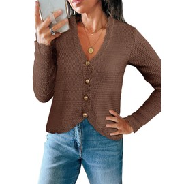 Saodimallsu Womens V Neck Cardigan Sweaters Button Up Cropped Boho Knit Long Sleeve Loose Trendy Sweater Tops Brown