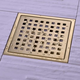 TRUSTMI 6 Inch Square Shower Floor Drain with Removable Grid Grate Cover, SUS 304 Stainless Steel,Brushed Gold