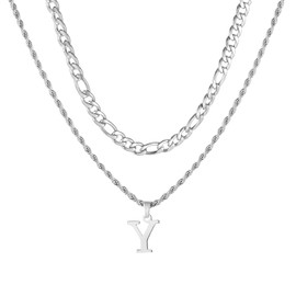 APMGONT Mens Initial Necklace, Stainless Steel Silver Figaro Chain Twist Rope Link Chain with A-Z Letter Pendant Layered Chain Necklace for Men Dad Boyfriend Birthday Father's Day Gift (Silver Y)