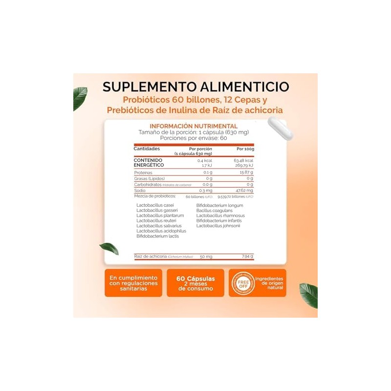 Probioticos 60 Billones de 12 Cepas Prebioticos con Inulina Raiz