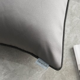 Grey Pillow Covers Decorative Throw Pillow Cases Solid Satin Fabric Black and White Piping Bed Couch Sofa Chair Soft Square Cushion Cover Pillow Sham, 18x18 inch, 45x45 cm, Pack of 2