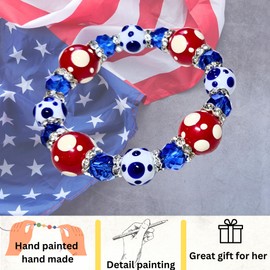Linpeng Glass Beaded Bracelet for Women, 4th of July Red White Blue Polka Dot, Independence Day Memorial Birthday Gift for Her, 1 pc