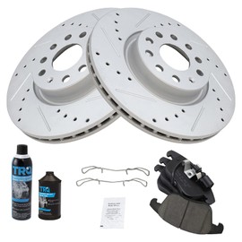 TRQ Front Brake Pad & Rotor Kit Premium G-Coated Performance Ceramic Slotted X Drilled Compatible with 12-20 Passat 15-18 Q3 Q3 Quattro 09-17 Tiguan 17-18 Tiguan Limited