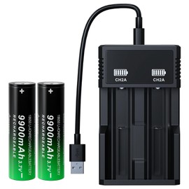 BENKIA 18650 Rechargeable Battery 9900mAh High Capacity 3.7Volt Li-ion Batteries for Led Flashlight Headlamp (Flat Top,18650 Battery+Charger, 2 Pack)