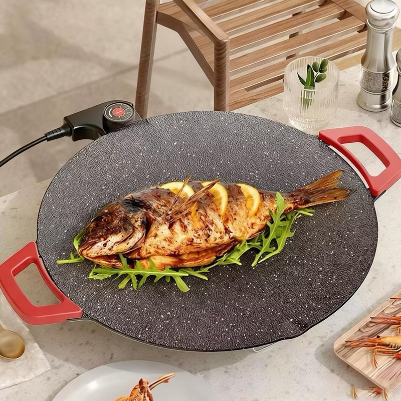 Electric Smokeless Grill, Non-Stick BBQ Griddle with Temperature Control, Round