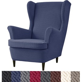 HFCNMY Wingback Chair Slipcover, 2 Piece Stretch Jacquard Wingback Chair Covers Thick Wing Back Chair Covers with Arms Wing Chair Slipcover Wing Back Chair Cover with Elastic Bottom Blue