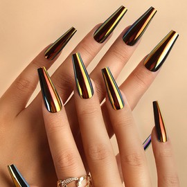 ROFIBUT 24PC Chrome Press on Nails Long Ballerina Glue on Nails Holographic Fluorescent Art Coffin False Nails Laser Mirror Press on Nails Long Ballerina Glue on Nails Holographic Coffin False Nails