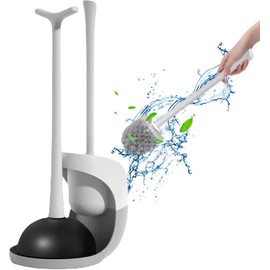 OCAR Juego de escobilla y desatascador para Inodoro, Kit de Limpieza de baño 2 en 1 para Limpiar inodoros y desagües obstruidos, escobilla de Inodoro con Soporte y desatascador eficiente