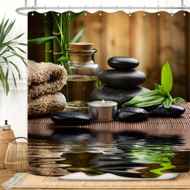 ZXMBF Zen Spa Shower Curtain Basalt Stones Herbal Oil Scent Candles Bamboo and Water Reflection Relaxing Meditation Home Décor Waterproof Fabric 72x72 Inch Plastic Hooks 12PCS