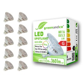 greenandco 10x CRI 90+ MR16 GU5.3 LED Spotlight, 6 W, 360 lm, 110°, 3000 K, Warm White, 12 V AC/DC, Not Dimmable