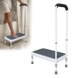 Step Stool with Handle for Elderly, Bathtub Steps Seniors Medical Safety Handicap Foot Stool, Shower Tub Helper Stepping Heavy Duty 400lbs, Adjustable Metal Bath Platform with Handrail Non Slip