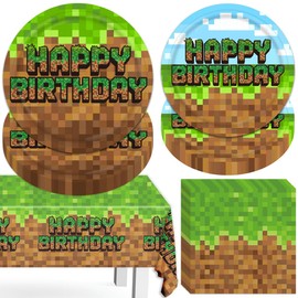 Green and Brown Birthday Decorations Tableware 41Pcs Video Game Themed Birthday Party Supplies Include 10Pcs Dinner Plates 10Pcs Dessert Plates 20Pcs Napkins and 1Pc Waterproof Tablecloth