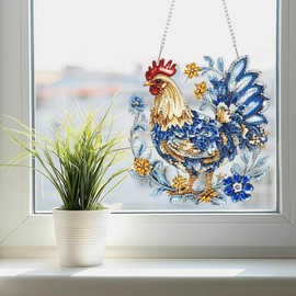 SENQAO DIY Acrylic Diamond Art Painting Chicken Kits Special Shaped Rhinestone Diamond Art Window Pendants Home Garden Wall Hanging Kits Hanging Ornament