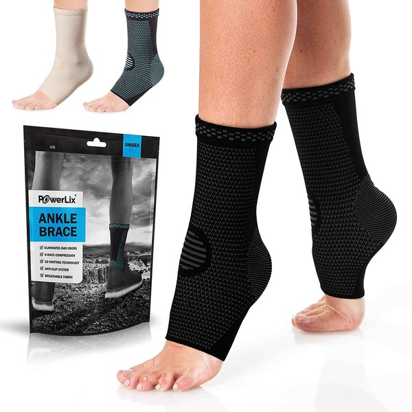 PowerLix Ankle Brace Compression Support Sleeve (Pair) for Injury Recovery, Joint Pain and More. Plantar Fasciitis Foot Socks with Arch Support, Eases Swelling, Heel Spurs, Achilles Tendon