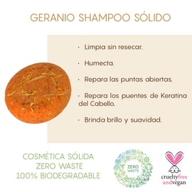 Geranio Shampoo Sólido Orgánico 2 en 1 Humectación, Hidratación, Reparación, Suavidad y Acondicionado para Cabello Seco/Maltratado