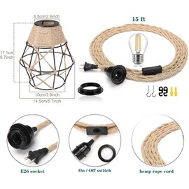 Plug in Pendant Light Hanging Lamp with Plug in Cord, Hemp Rope Hanging Light Fixtures with On/Off Switch, Farmhouse Plug in Pendant Lamp for Kitchen Bedroom Living Room