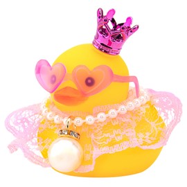 wonuu Rubber Duck Car Dashboard Decoration, Duck Car Ornament Cute Car Accessories with Mini Crown Dress Pearl Necklace Glasses, Pink Lace Skirt
