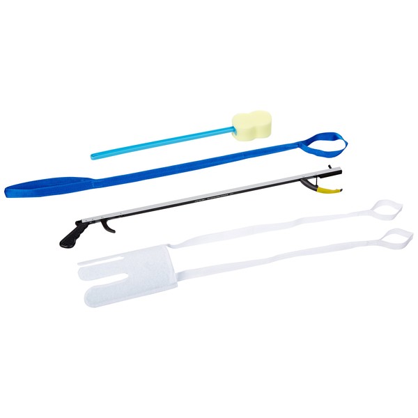 Sammons Preston Hip Kit 9, Four Essential Assisted Daily Living Aids for Limited Mobility, Includes 32" Reacher Claw, Flexible Sock Aid, Rigid Leg Lifter, and Contoured Bath Sponge with Long Handle