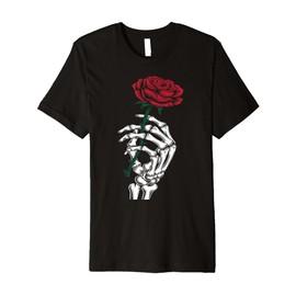 Skeleton Hand Holding Stem Flower Valentine's Day Red Rose Premium T-Shirt