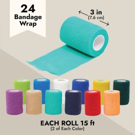Juvale 24 Rolls Self-Adhesive Bandage Wrap, 3" x 5 Yards, Stretch Cohesive Medical & Ve