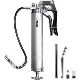 UTO Grease Gun, 8000 PSI Heavy Duty Pistol Grip Grease Gun Kit with 14 oz Capacity, 18 Inch Resin Flex Hose, 2 Basic Coupler, 2 Extension Rigid Pipe and 1 Sharp Type Nozzle - Color: Silver