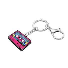 LONYOO Acrylic Vintage Cassette Band Keyring Retro 90s 80s Accessories for Women Girls Backpack Purse Charms, red, M