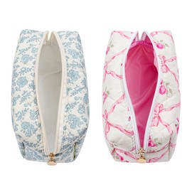 Gleyemor 2 Pieces Quilted Makeup Bag, Cute Floral Cosmetic Bag for Women, Cotton Make Up Bag Set, Flower Travel Toiletry Bag Tote Bag Organizer (Blue Floral+ Pink Rose)