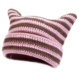 YAMEIZE Cat Ear Striped Knitted Hat - for Men and Women Trendy Warm Y2K Soft with Cat Ear Striped Beanie Soft Knitted Hats Winter Cap Girls Outdoor, Available in pink and brown colour
