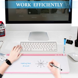 DOLLAR BOSS Glass Desk Whiteboard Small Dry Erase Board Desktop White Board with Storage Drawer Computer Keyboard Stand Desk Organizer Office Accessories School Supplies with 4 Markers 1 Eraser, Pink