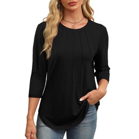 XIEERDUO 3/4 Length Sleeve Womens Tops 2025 Trendy Pleated Shirts Crewneck Black Tunic Tops Summer Tops for Women M