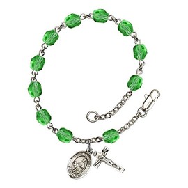 St. Dymphna Silver Plate Rosary Bracelet 6mm August Green Fire Polished Beads Crucifix Size 5/8 x 1/4 medal charm