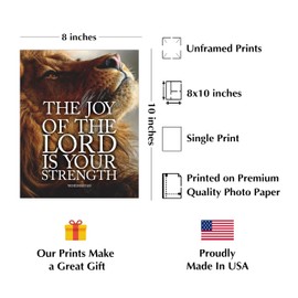 The Joy of the Lord - Bible Verse Wall Decor, Inspirational Christian Wall Art, Lion Picture Wall Print For Living Room, Home Decor, Office Decor, Church, or Room Decor & Gifts! Unframed -8x10