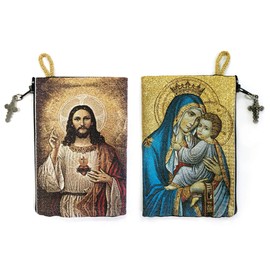 Catholic Rosary Pouch, Our Lady of Mount Carmel & Sacred Heart of Jesus, 4" x 6" Jewelry & Coin Purse with Cross, Small Woven Tapestry Icon Bag, Bolsa de Rosario Católico para Joyería