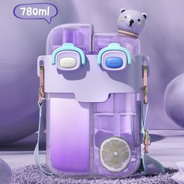 Kawaii Water Bottle with Straw, Cute Water Bottles for Girls Double Drinking Water Bottle with Straw Adjustable Strap for Outdoor Sports Travel (Lavender Purple 780ml)