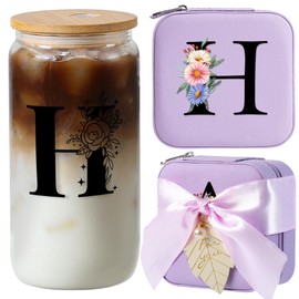 AYGXU Birthday Gifts for Women,Initial Glass Cup,Cute Tumbler Cup,bamboo lids for glass cups,Travel Jewelry Organizer,Teen Girls Gifts for Teenage Girls Birthday,Initial H purple