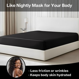 MR&HM Satin Fitted Sheet California King Size, Silky Bottom Sheet with Elastic Corner Straps, Deep Pocket up to 15 Inch, No More Slipping Off for Mattress - 1 Fitted Sheet Only (Black)