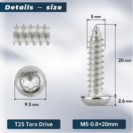 50-Pack M5 x 20mm Button Torx Head Self Tapping Screws for Wood, 304 Stainless Steel 18-8, Full Thread, Torx Drive Head Sheet Metal Tek Screws, T25 Bit Included