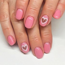 24 Pcs Valentines Press on Nails Short Square Heart Fake Nails with Glitter Design Pink False Nails Full Cover Stick on Nails Valentine's Acrylic Nails for Women Girl Holiday Nail Decoration